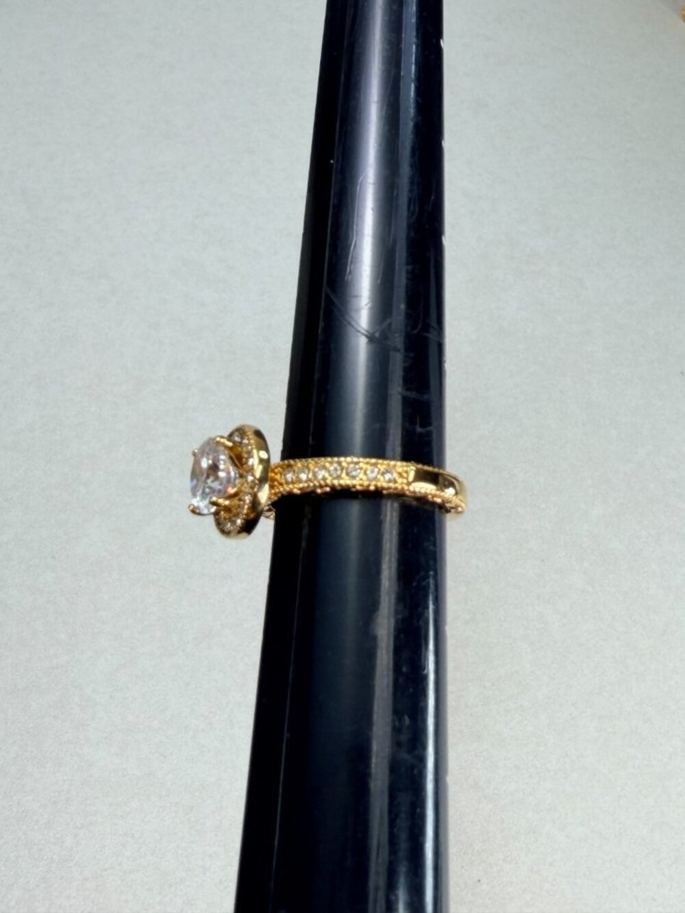 Gold Tone Halo CZ Engagement Style Ring Round Clear Stone Size 8 - Picture 5 of 8